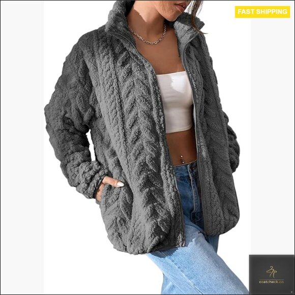 Jackets & Blazers - Oversized Fleece Jacket Cozy Winter Casual Zipper Stand Collar Chic